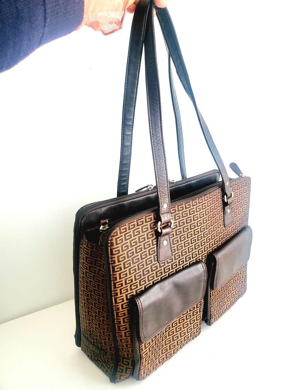 Brown Patterned Laptop Tote with Dark Brown Leather Trim
